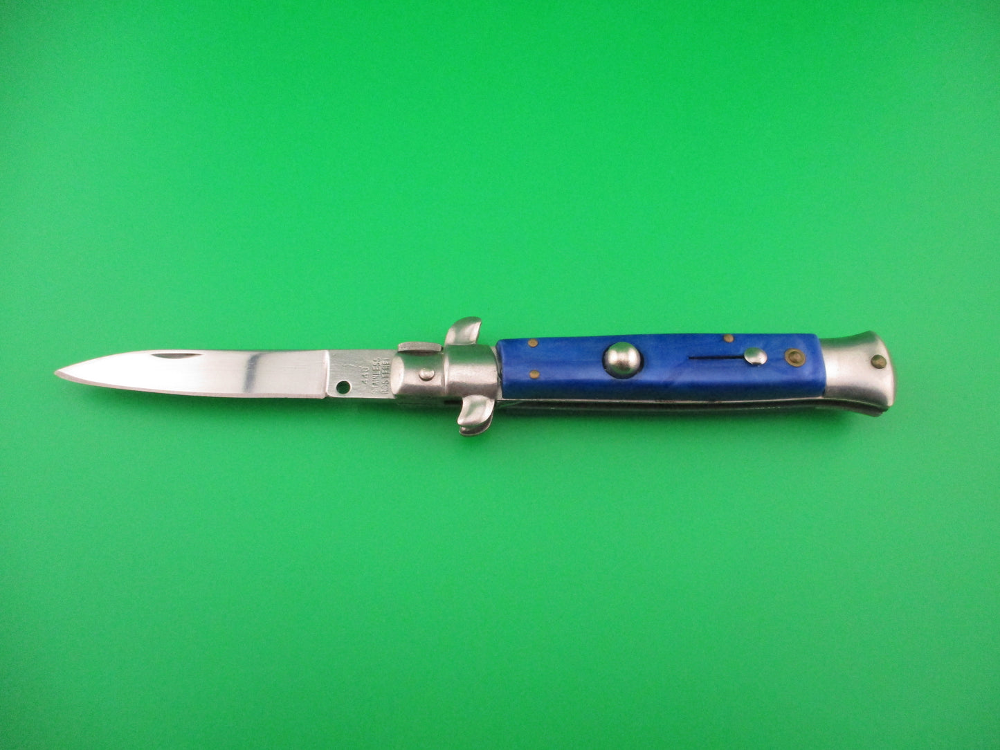 440 STAINLESS ROSTFREI 21cm Italian style Stiletto Blue pearlex automatic knife