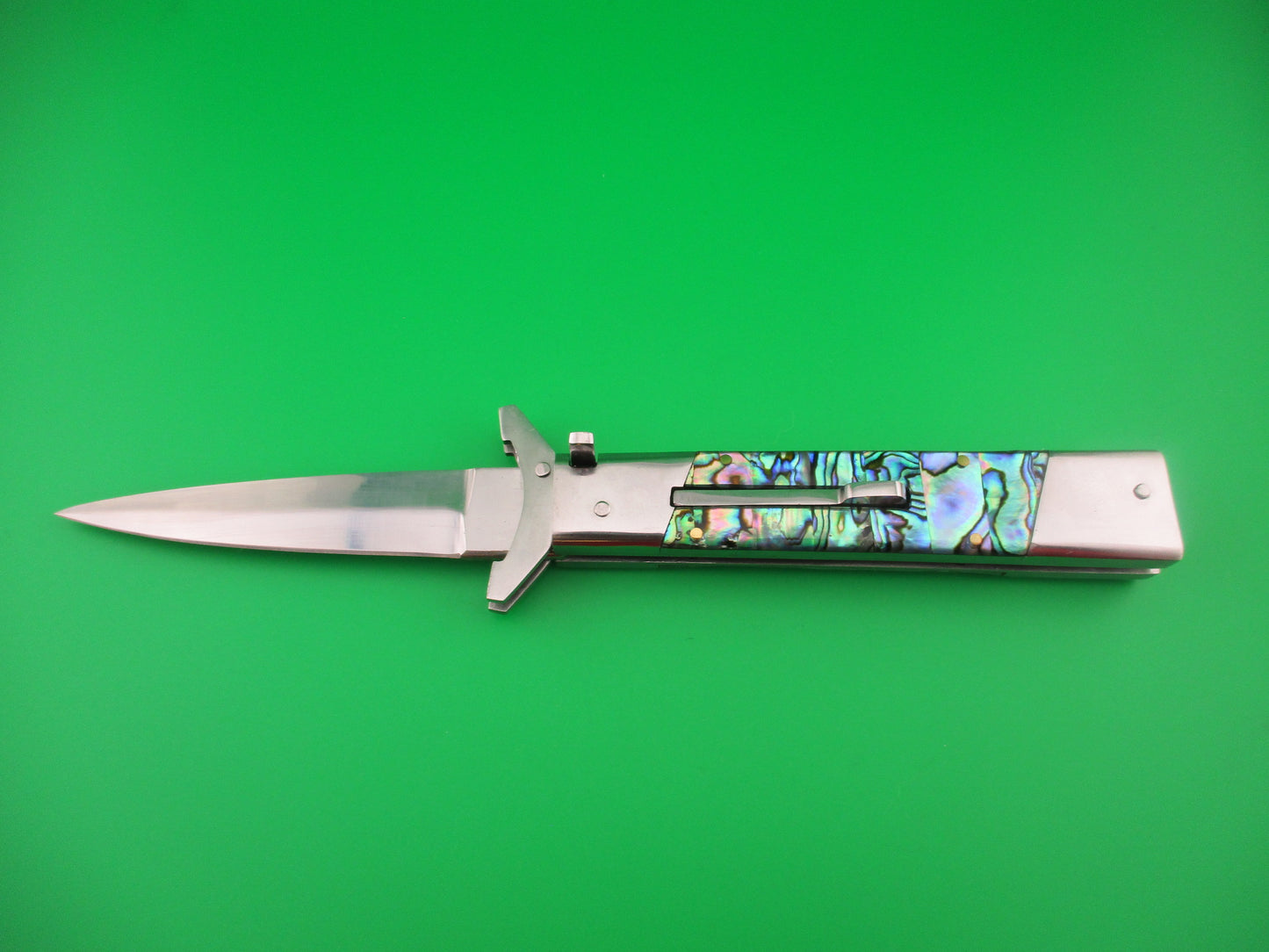 Custom 24cm Abalone Swing Guard Dagger grind Automatic knife by Samir Ahmad