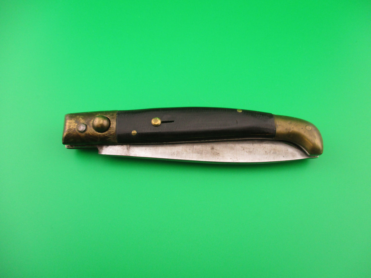 Old 24cm Italian Pattada Wood Brass Birds head vintage automatic knife