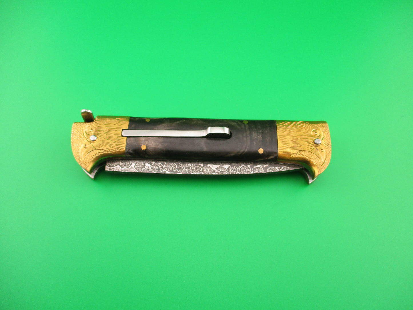 Custom 24cm Custom Damascus Bird Head Backspring release automatic knife