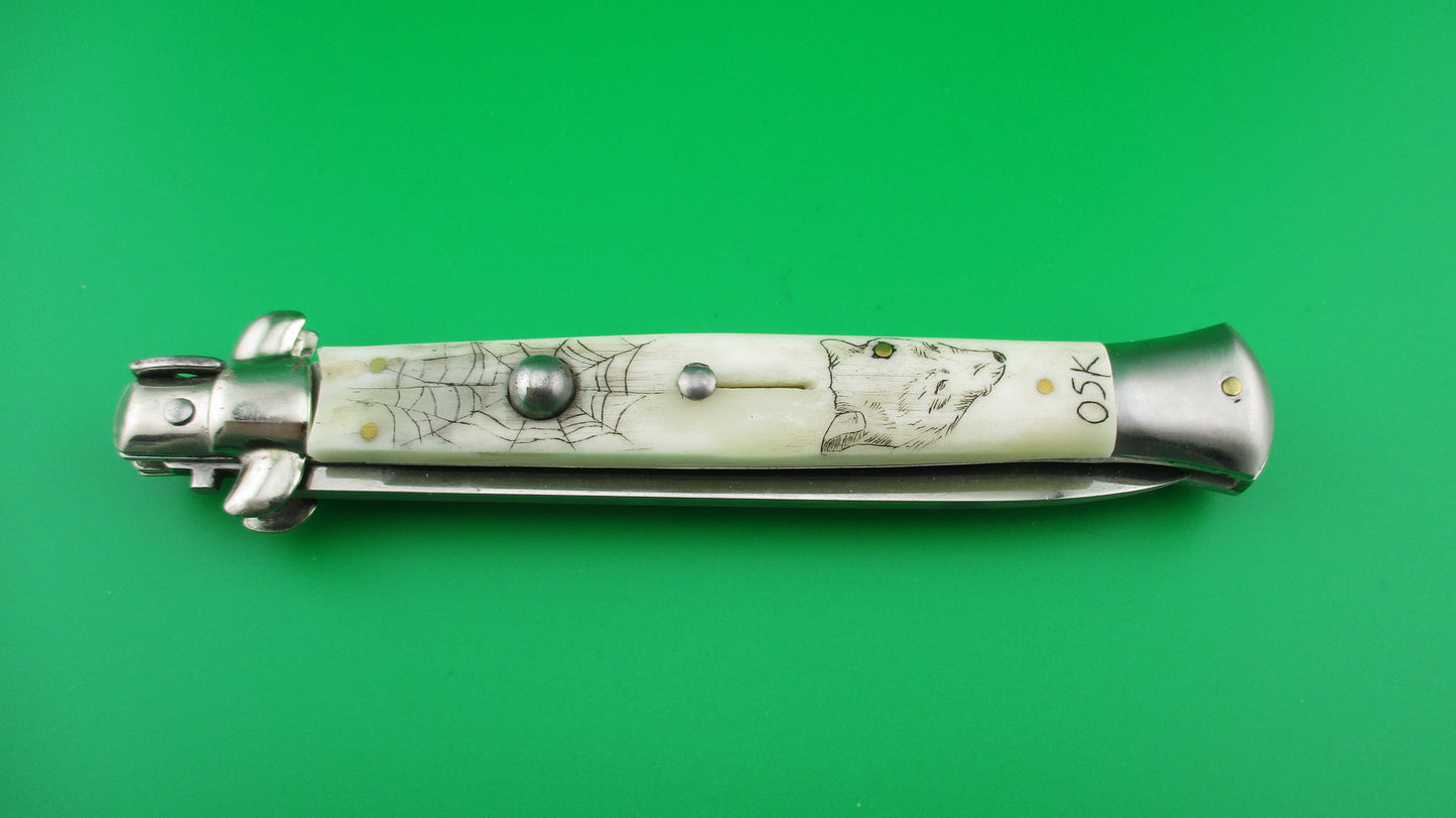 z J INOX 28cm Italian Swivel bolster Scrimshaw Wolf Eyes automatic knife OSK MULAS