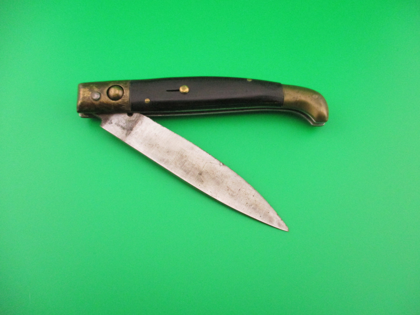 Old 24cm Italian Pattada Wood Brass Birds head vintage automatic knife