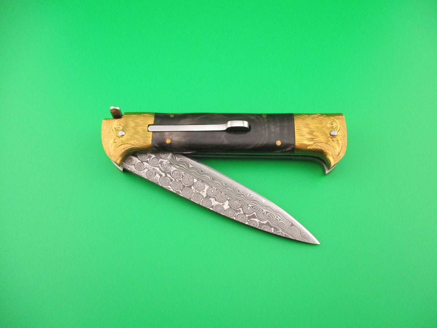 Custom 24cm Custom Damascus Bird Head Backspring release automatic knife