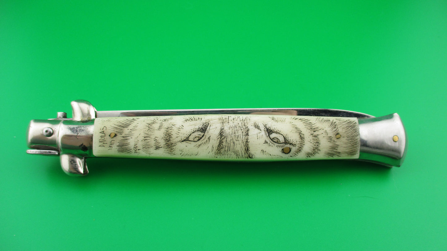 z J INOX 28cm Italian Swivel bolster Scrimshaw Wolf Eyes automatic knife OSK MULAS