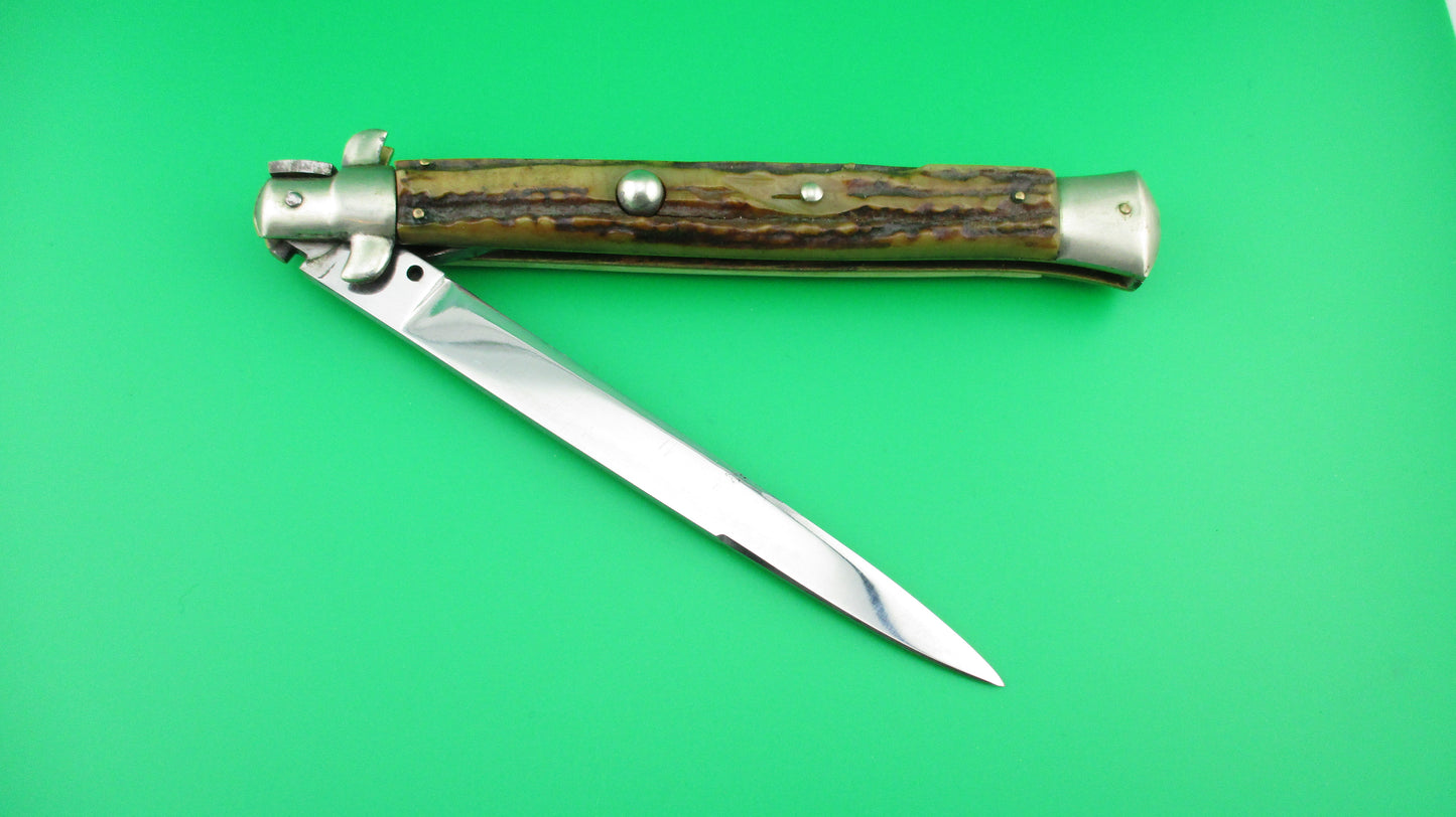 Rostfrei 7 Italian 33cm Stag Transitional Stiletto Switchblade knife 5mm backspring