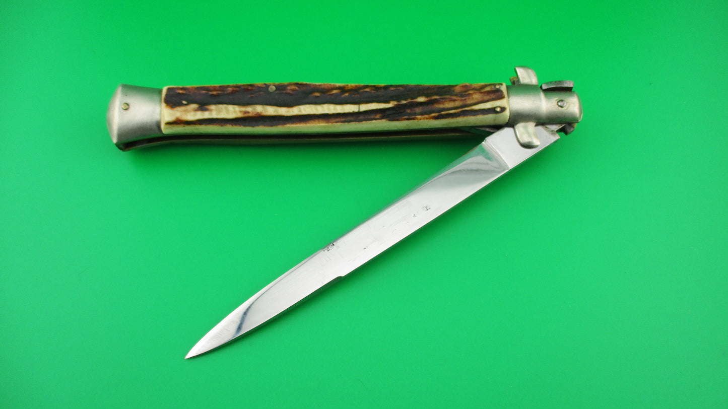Rostfrei 7 Italian 33cm Stag Transitional Stiletto Switchblade knife 5mm backspring