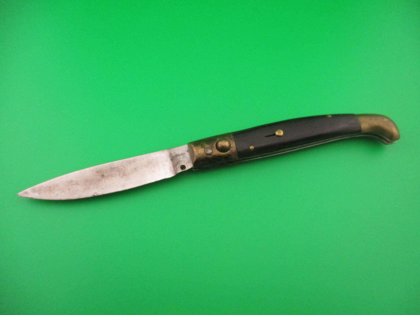 Old 24cm Italian Pattada Wood Brass Birds head vintage automatic knife