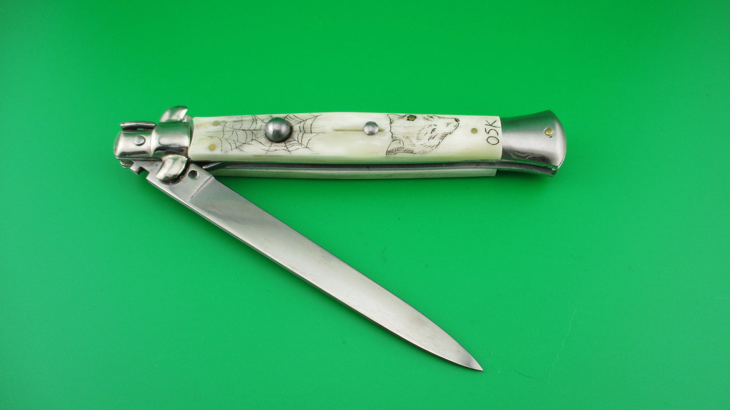z J INOX 28cm Italian Swivel bolster Scrimshaw Wolf Eyes automatic knife OSK MULAS