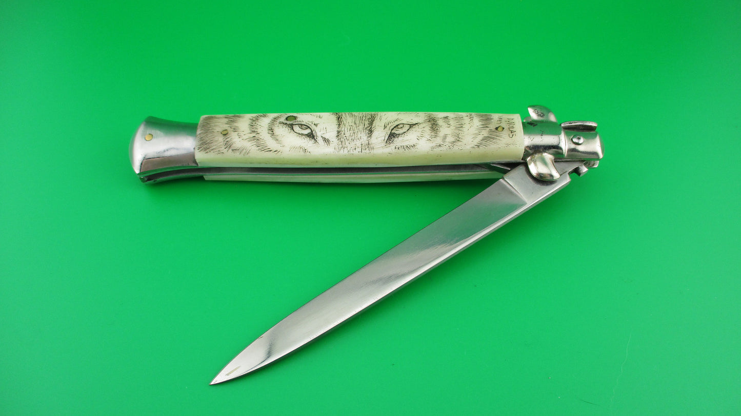 z J INOX 28cm Italian Swivel bolster Scrimshaw Wolf Eyes automatic knife OSK MULAS