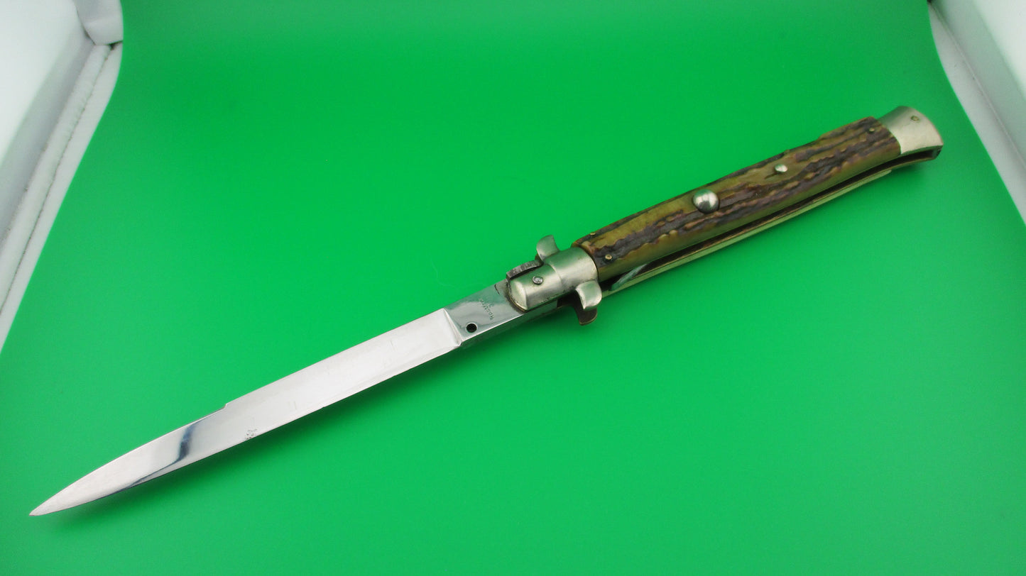 Rostfrei 7 Italian 33cm Stag Transitional Stiletto Switchblade knife 5mm backspring