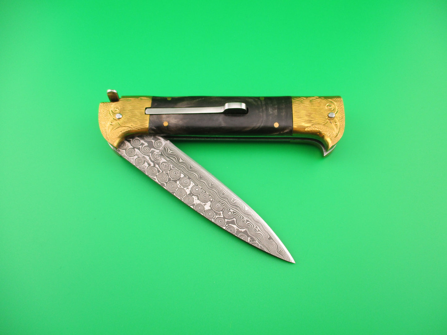 Custom 24cm Custom Damascus Bird Head Backspring release automatic knife