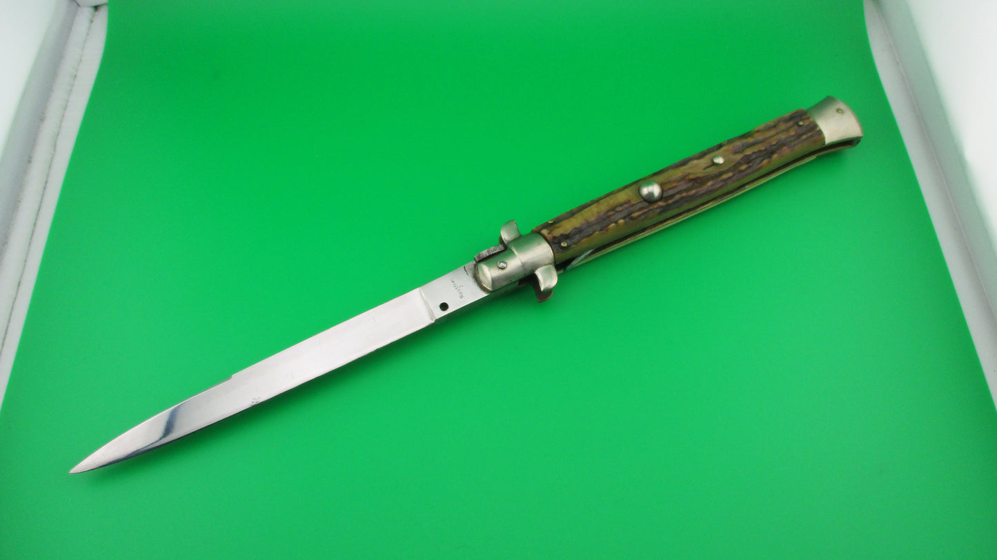 Rostfrei 7 Italian 33cm Stag Transitional Stiletto Switchblade knife 5mm backspring