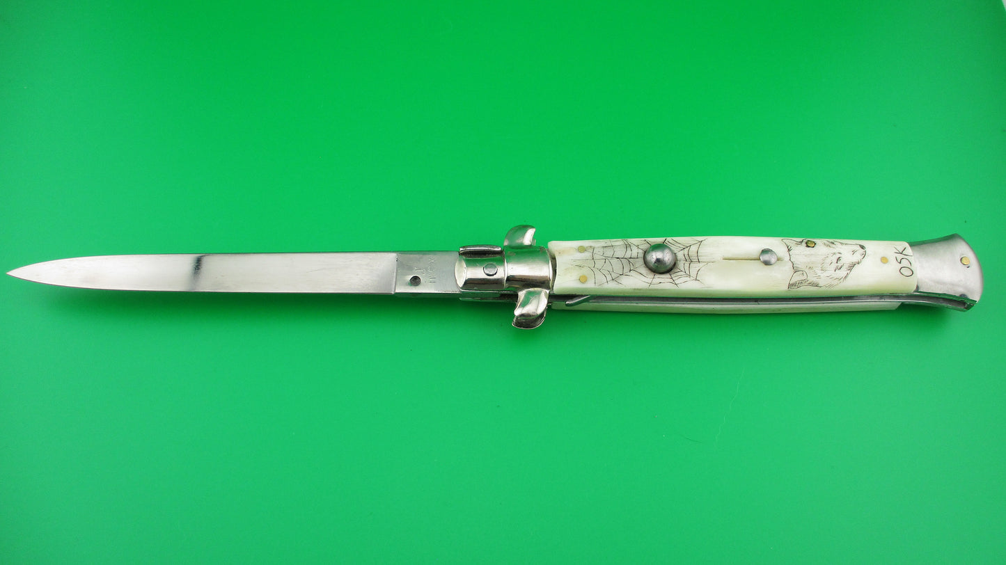 z J INOX 28cm Italian Swivel bolster Scrimshaw Wolf Eyes automatic knife OSK MULAS