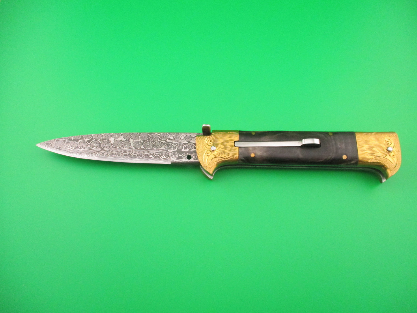 Custom 24cm Custom Damascus Bird Head Backspring release automatic knife