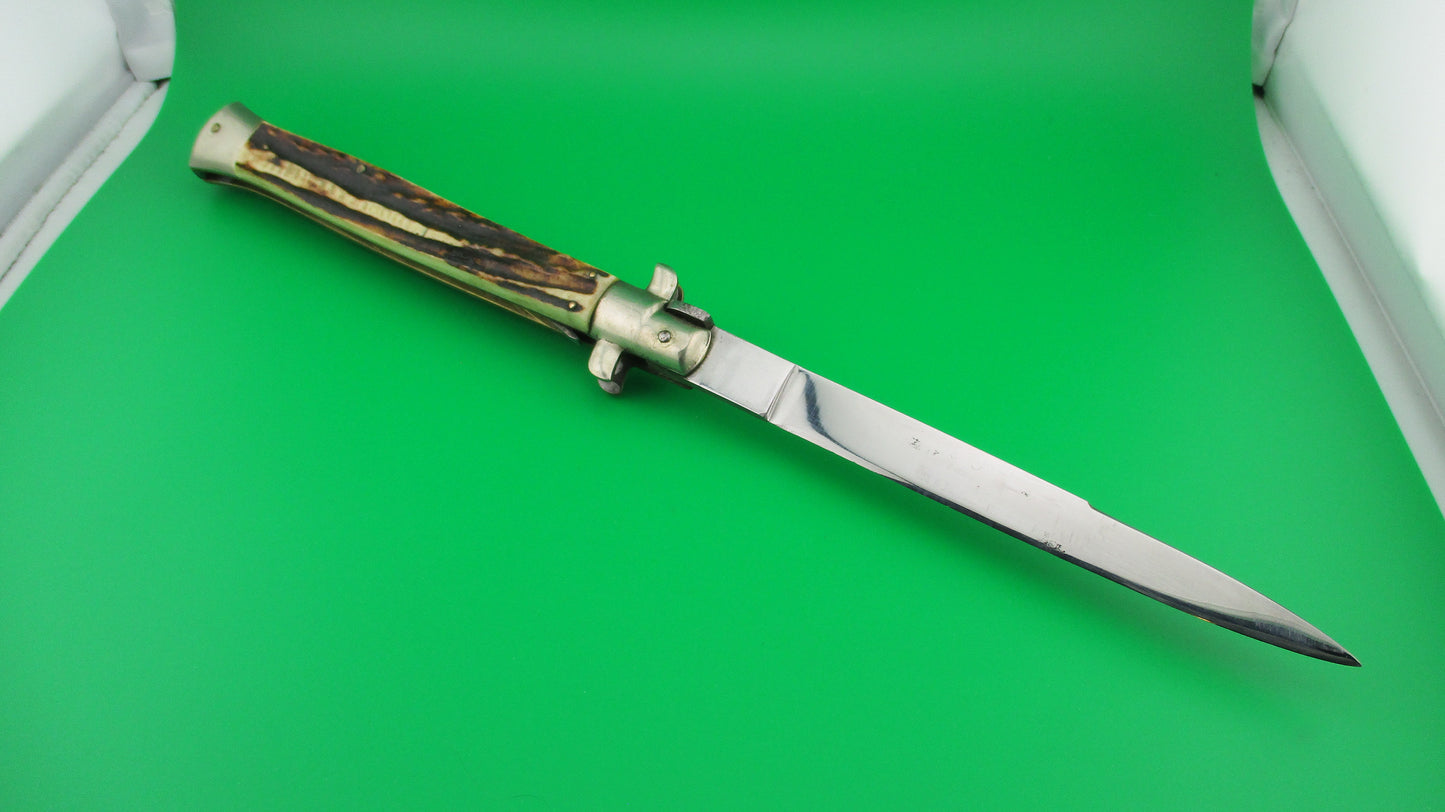 Rostfrei 7 Italian 33cm Stag Transitional Stiletto Switchblade knife 5mm backspring