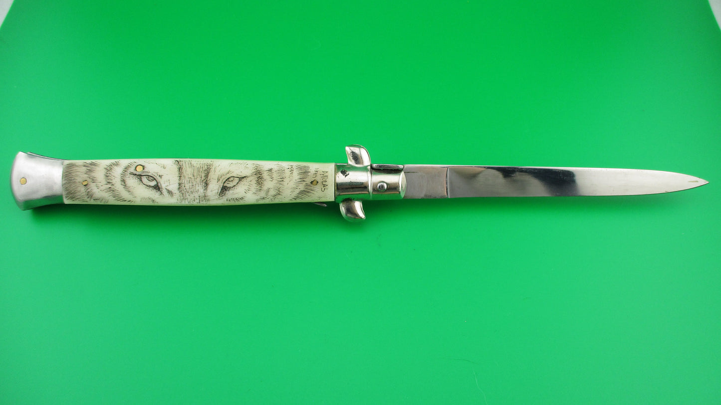 z J INOX 28cm Italian Swivel bolster Scrimshaw Wolf Eyes automatic knife OSK MULAS