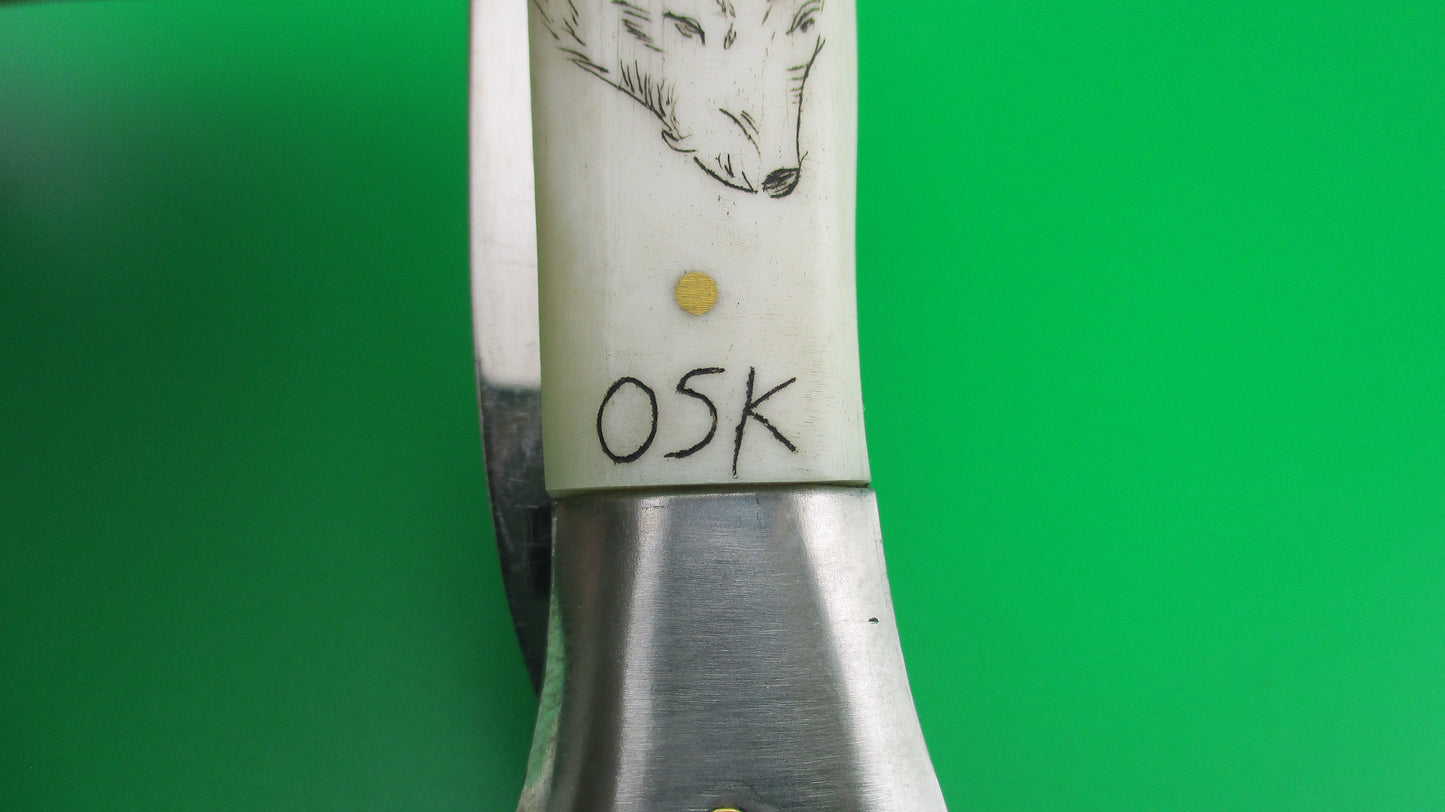 z J INOX 28cm Italian Swivel bolster Scrimshaw Wolf Eyes automatic knife OSK MULAS