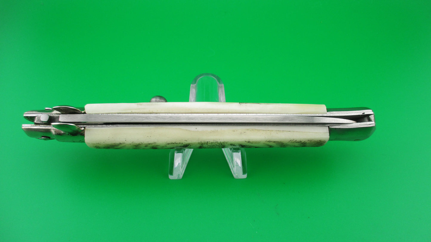 z J INOX 28cm Italian Swivel bolster Scrimshaw Wolf Eyes automatic knife OSK MULAS