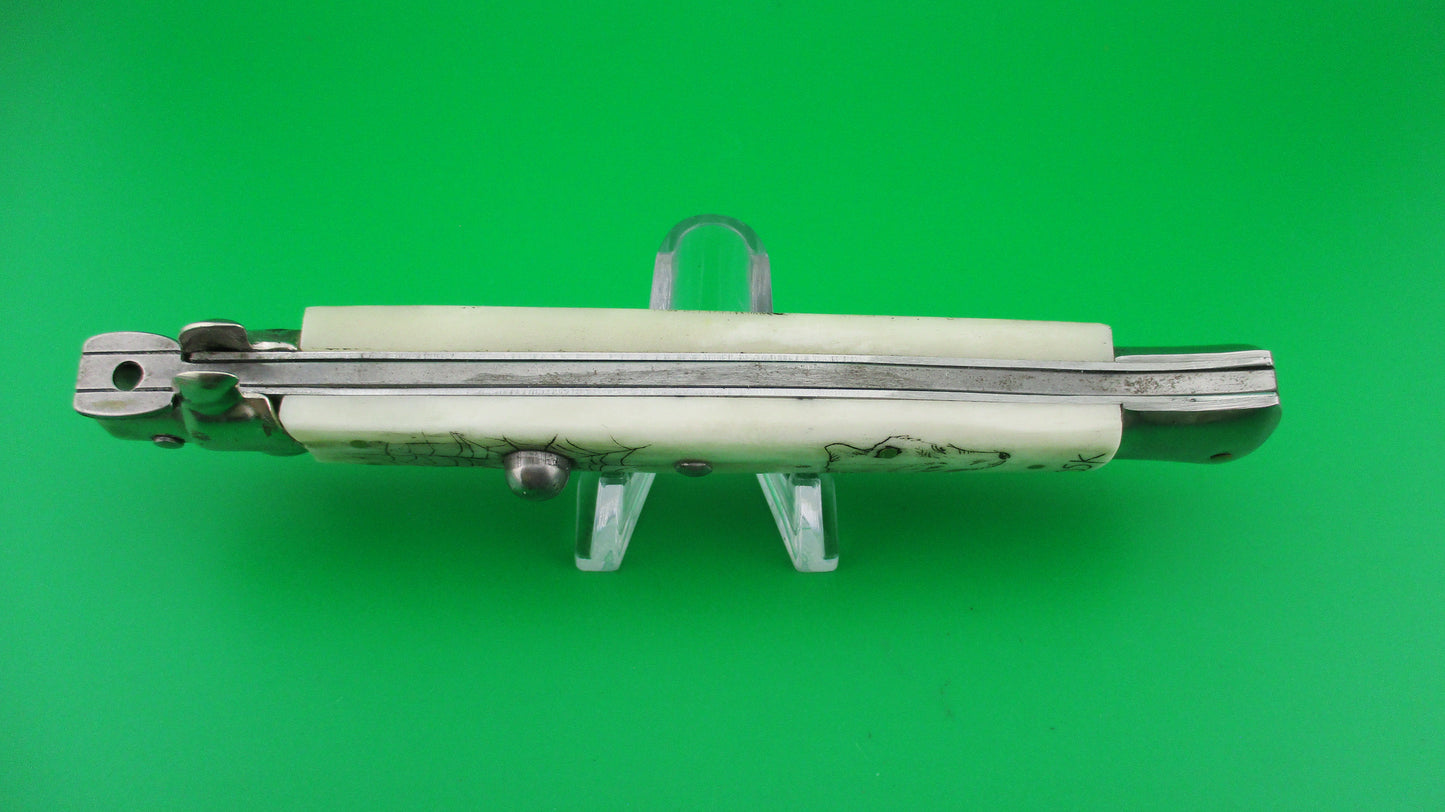 z J INOX 28cm Italian Swivel bolster Scrimshaw Wolf Eyes automatic knife OSK MULAS