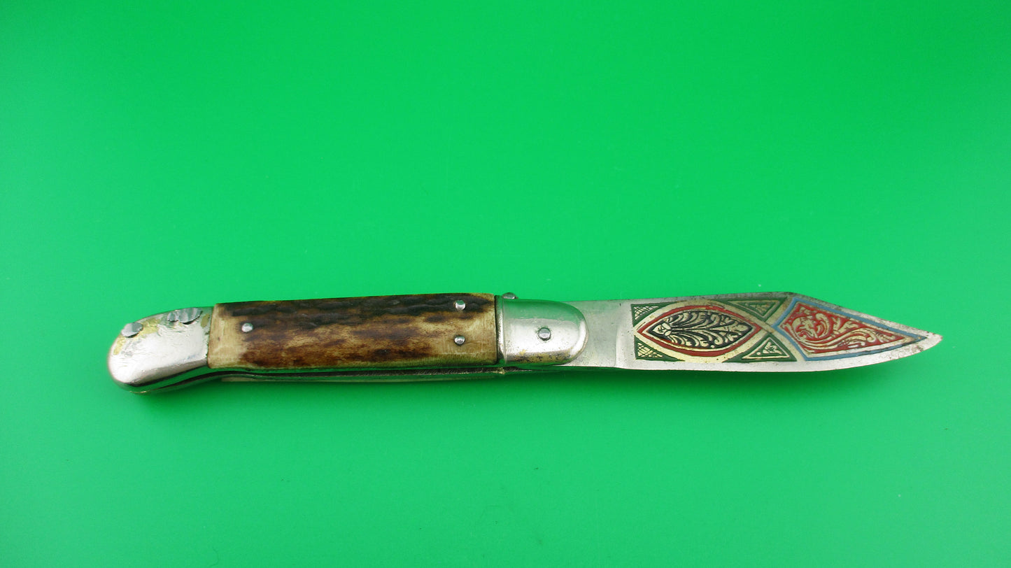 TOLEDO 17cm Spanish Vintage  Stag Lever Tourist automatic knife painted blade