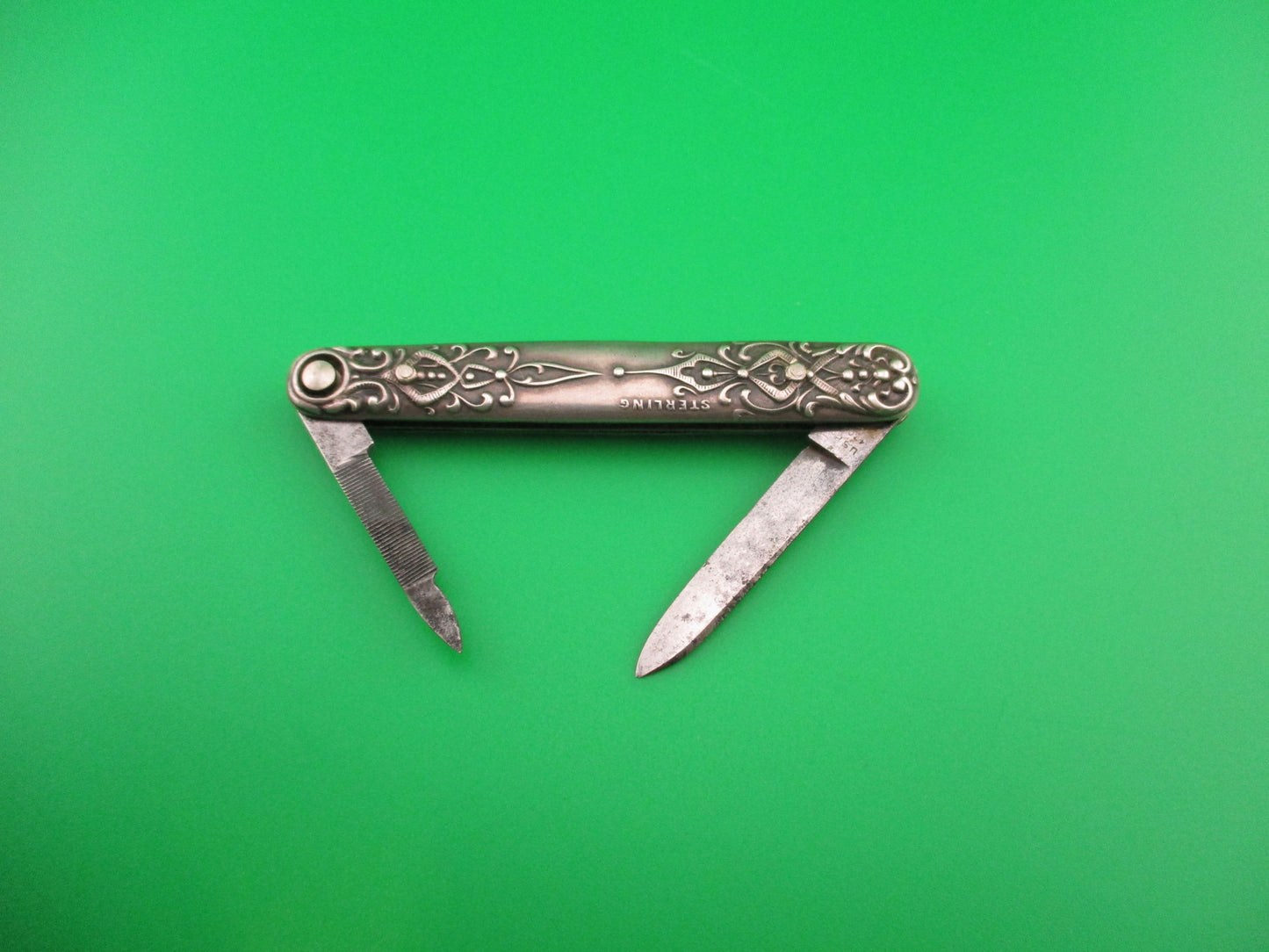 Press Button Knife Co Small Sterling Gothic double automatic knife with File blade