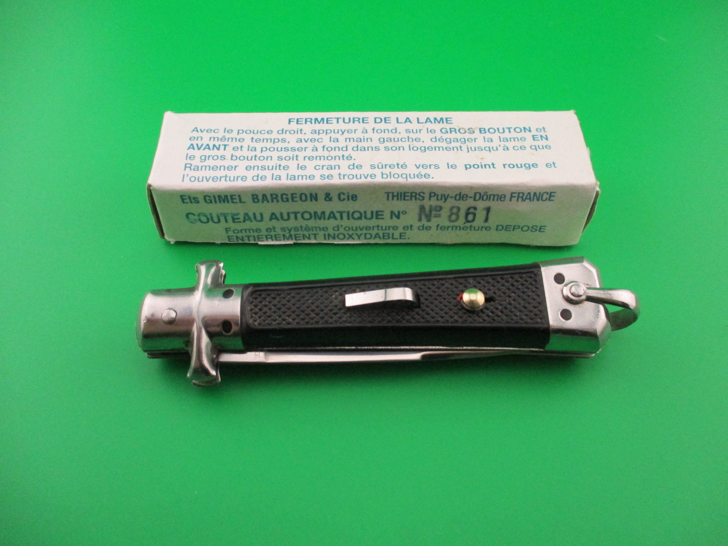 BARGEON INOX 19cm French Automatic Knife Black checkered Red Dot safety