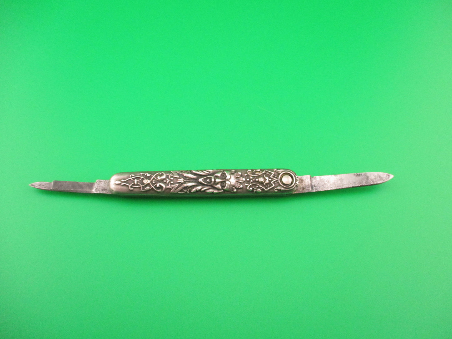 Press Button Knife Co Small Sterling Gothic double automatic knife with File blade