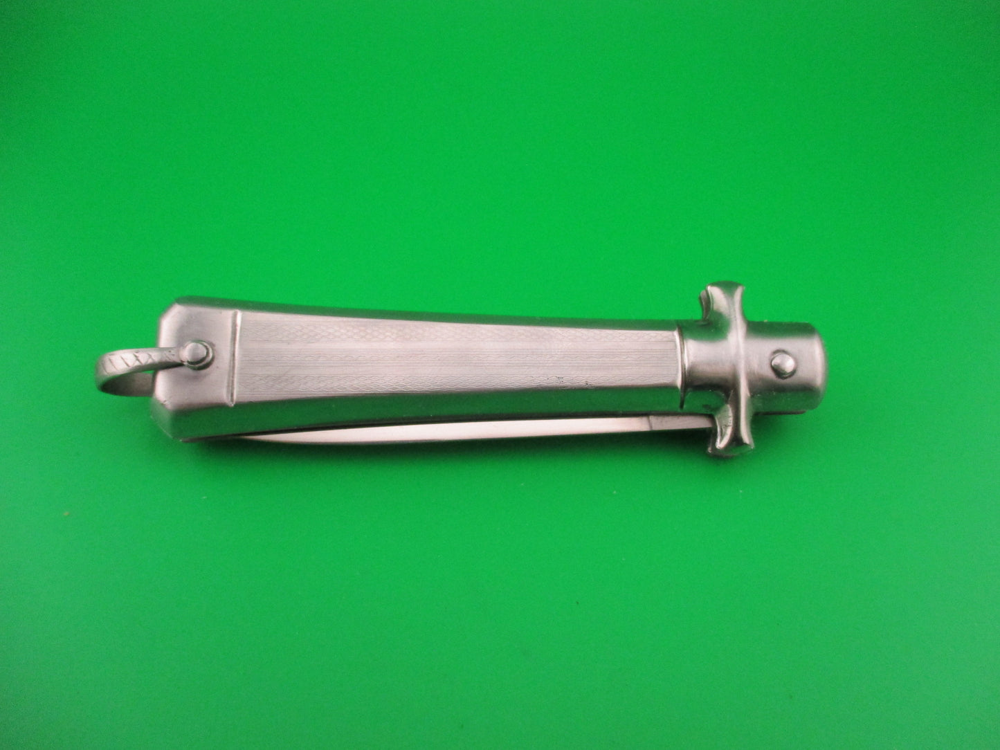 BARGEON 19cm French NOS All metal humped rectangle button red dot automatic knife in box
