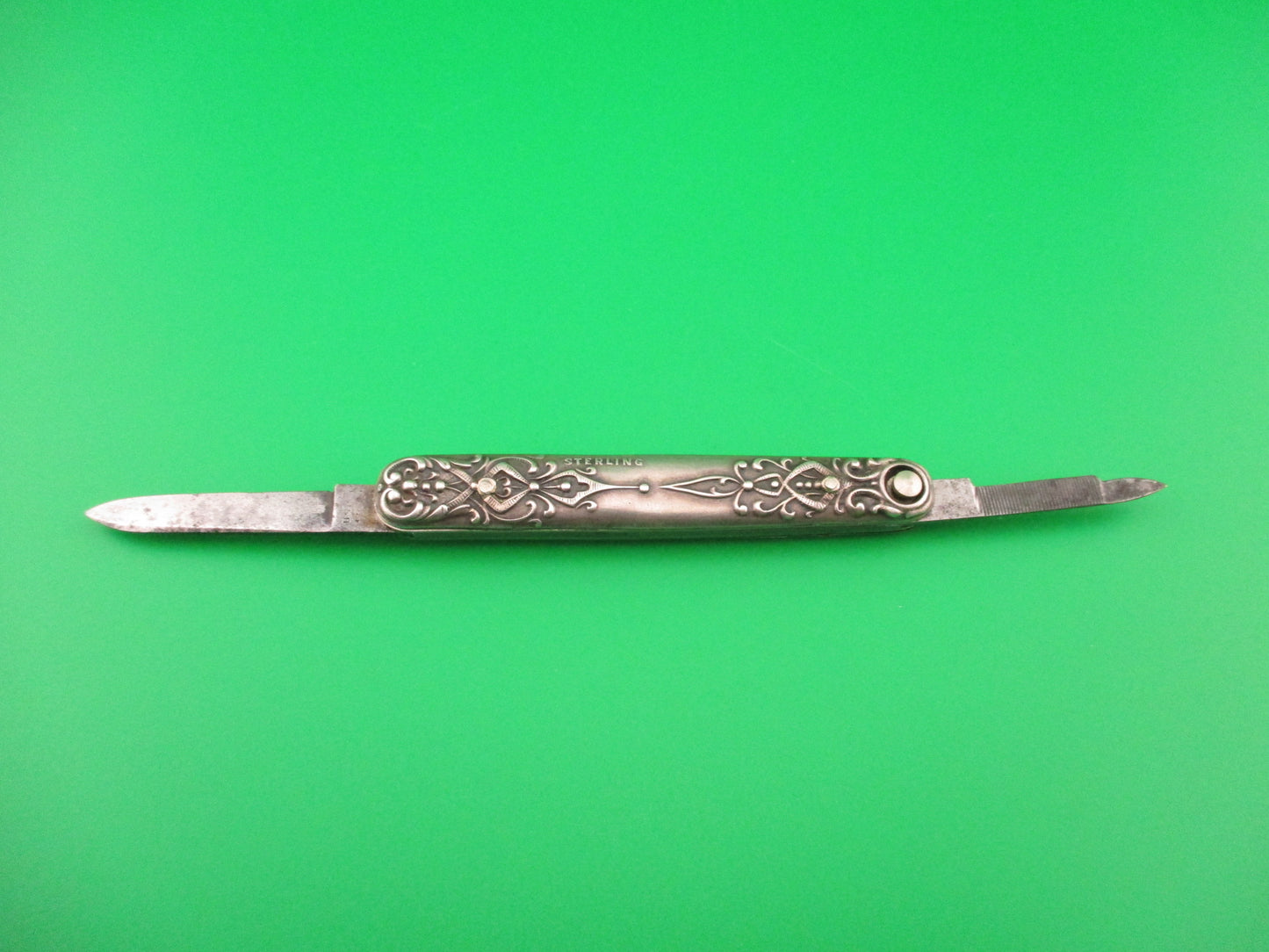 Press Button Knife Co Small Sterling Gothic double automatic knife with File blade