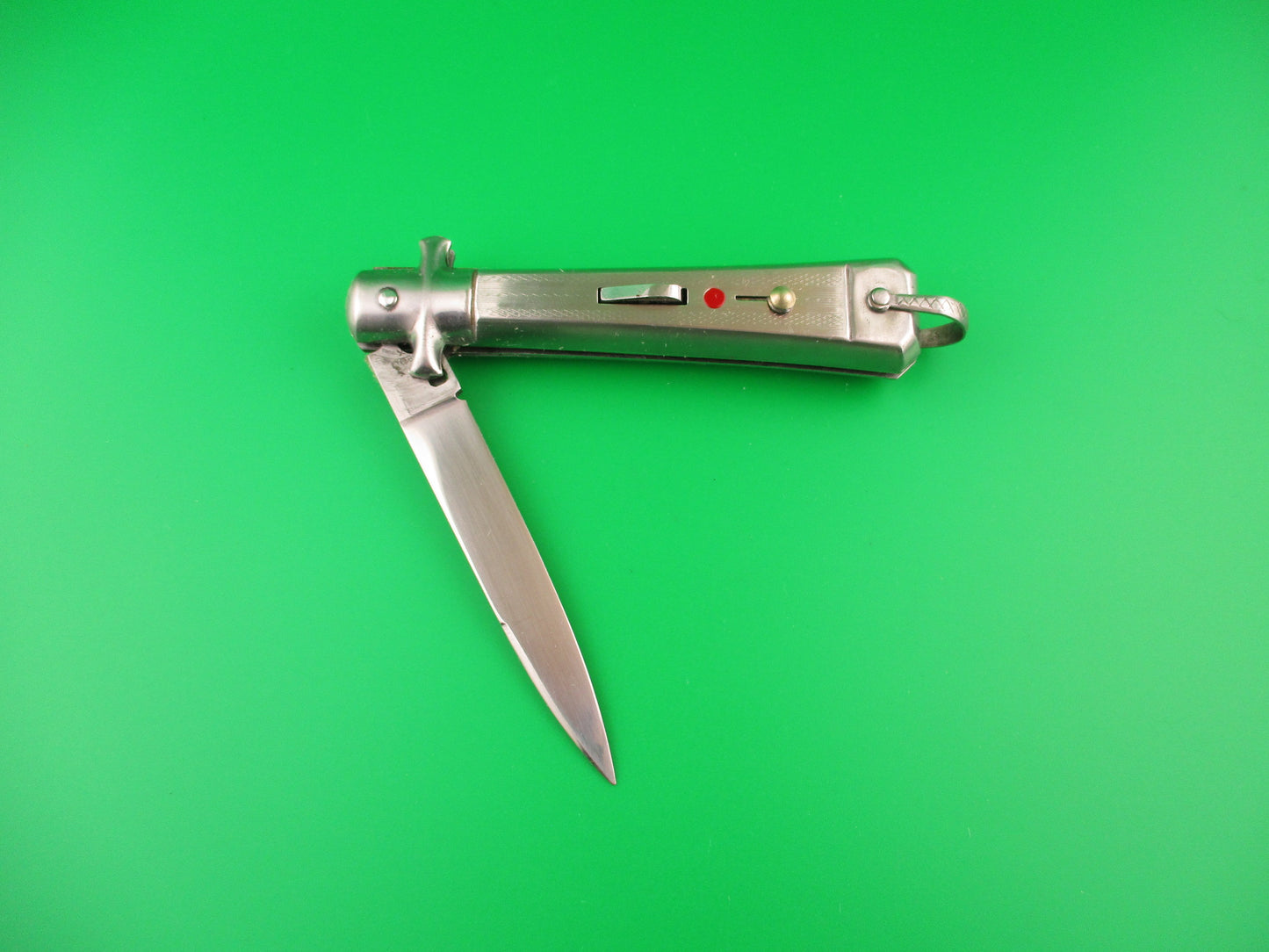 BARGEON 19cm French NOS All metal humped rectangle button red dot automatic knife in box