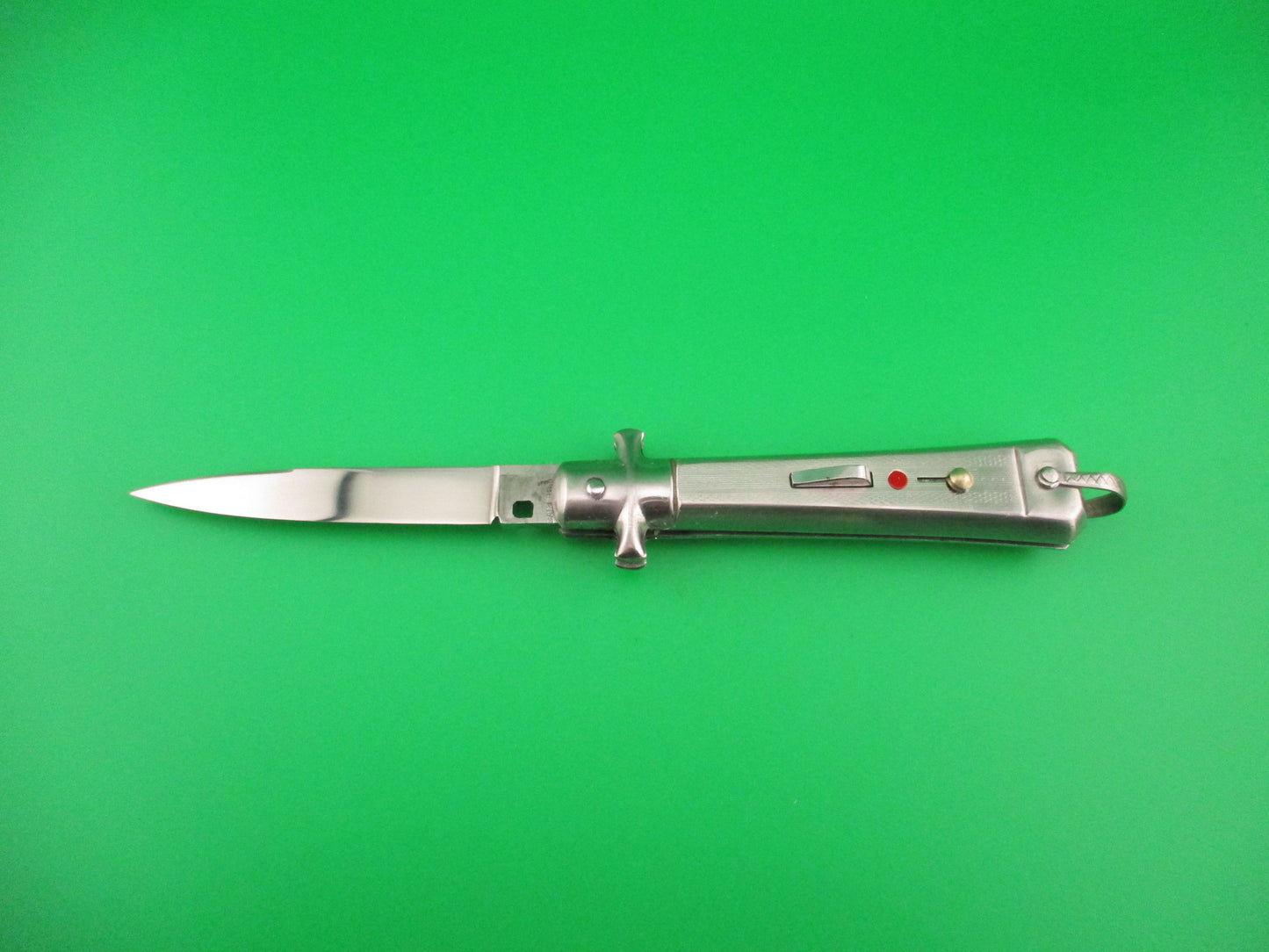 BARGEON 19cm French NOS All metal humped rectangle button red dot automatic knife in box