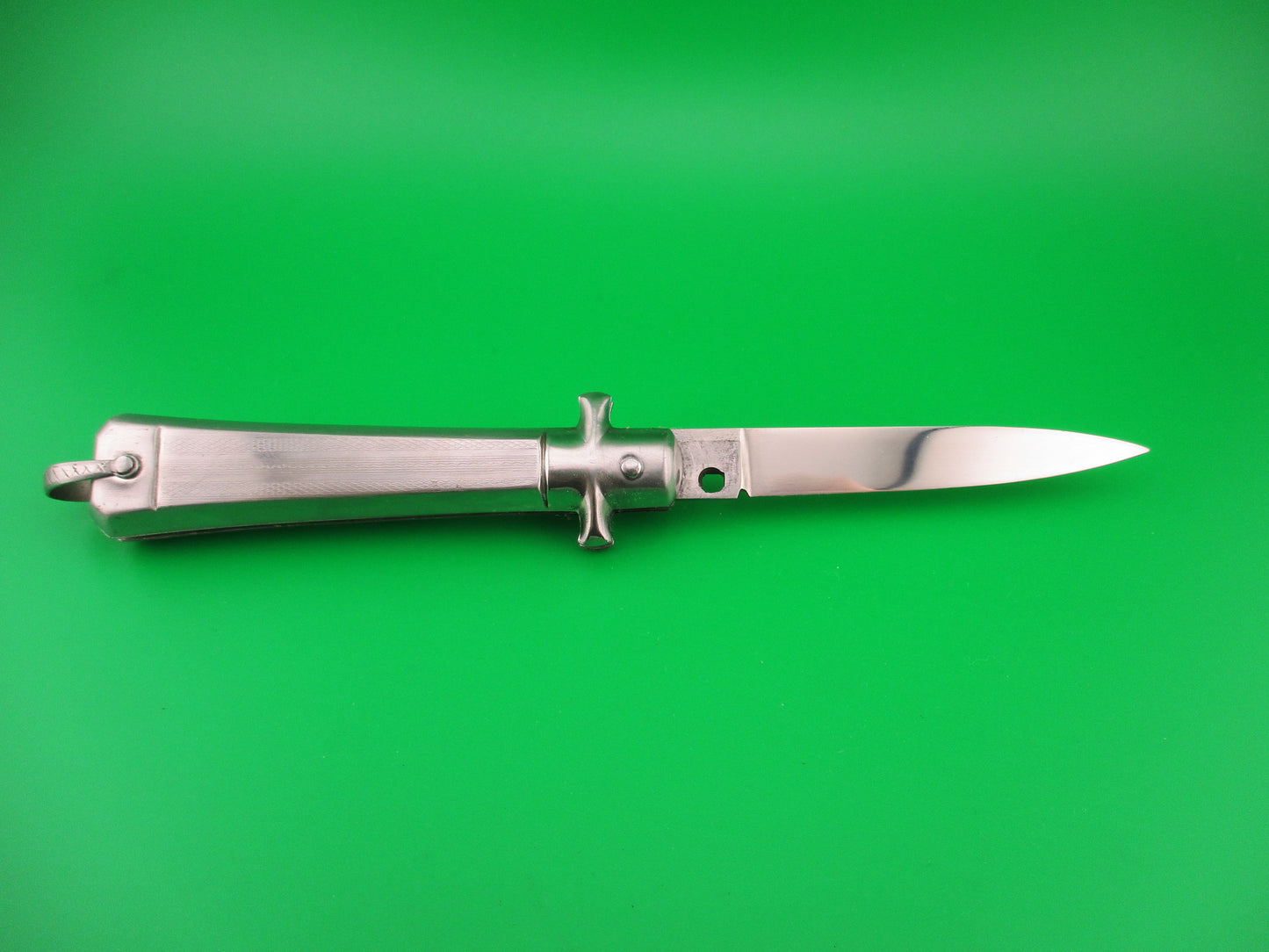 BARGEON 19cm French NOS All metal humped rectangle button red dot automatic knife in box