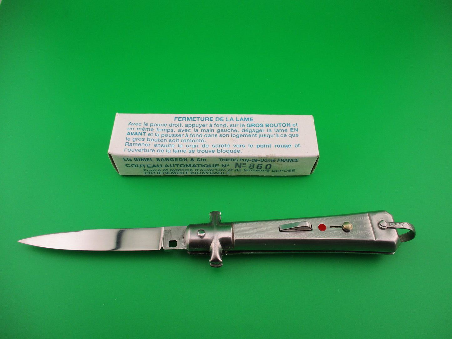 BARGEON 19cm French NOS All metal humped rectangle button red dot automatic knife in box