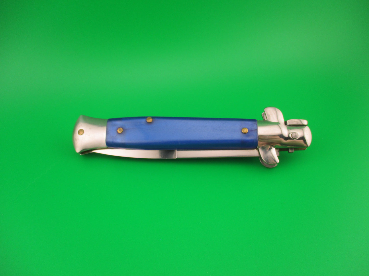 STAINLESS ITALY 22cm Italian Stiletto Blue Pearlex swivel bolster automatic knife