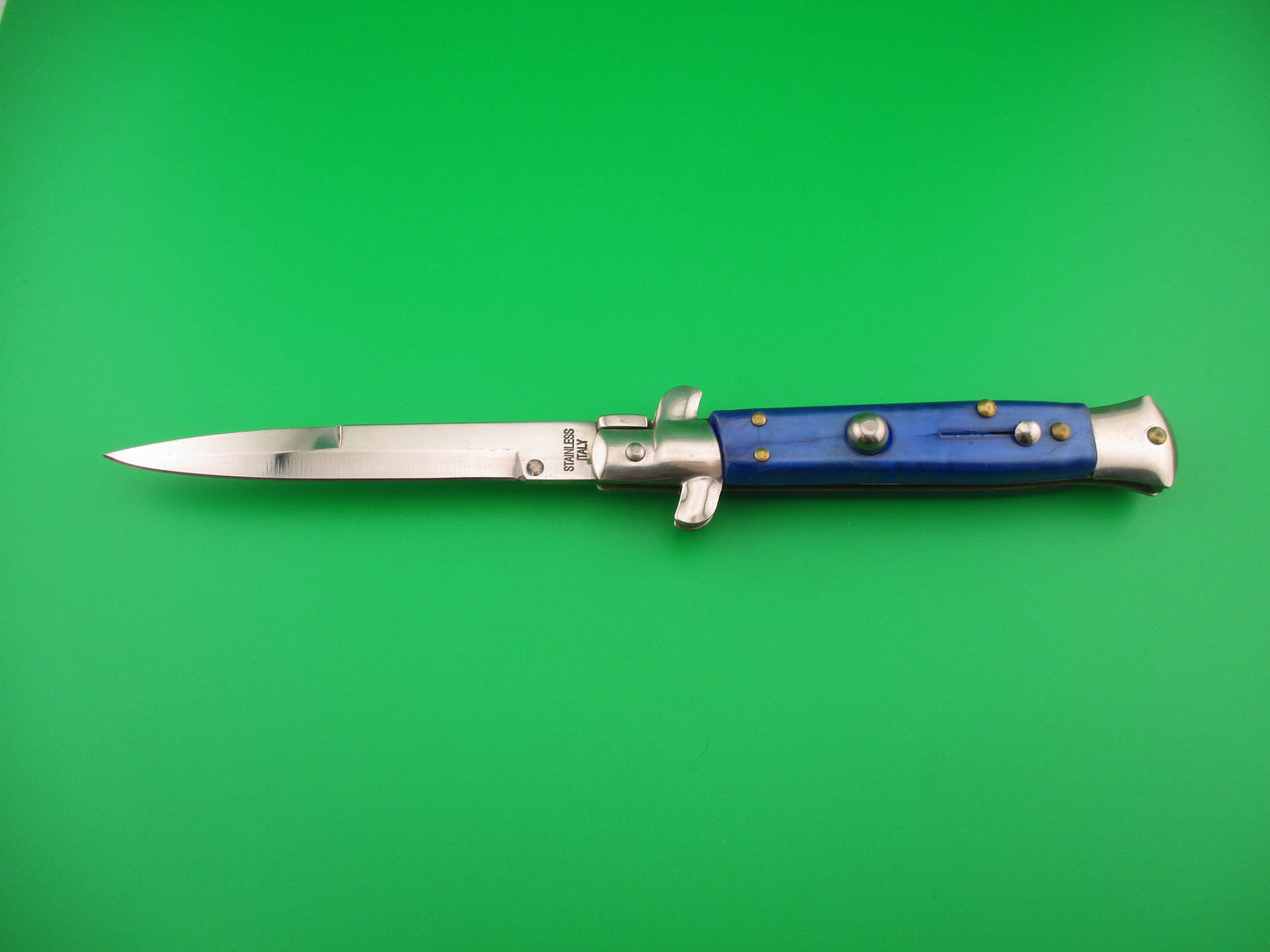 STAINLESS ITALY 22cm Italian Stiletto Blue Pearlex swivel bolster automatic knife
