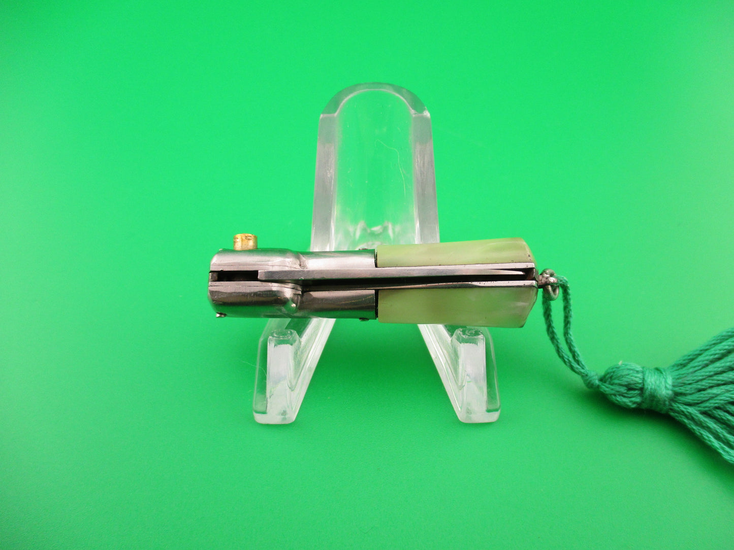 INOX 8cm Italian Mini Corsican Vendetta Pearlex Green Tassel 1960s Automatic knife