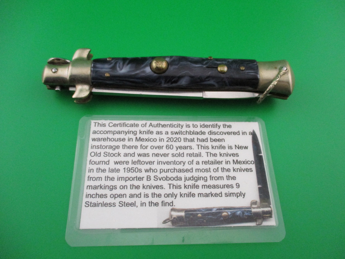 Vintage Japanese 23cm Picklock Blue swirl NOS automatic knife