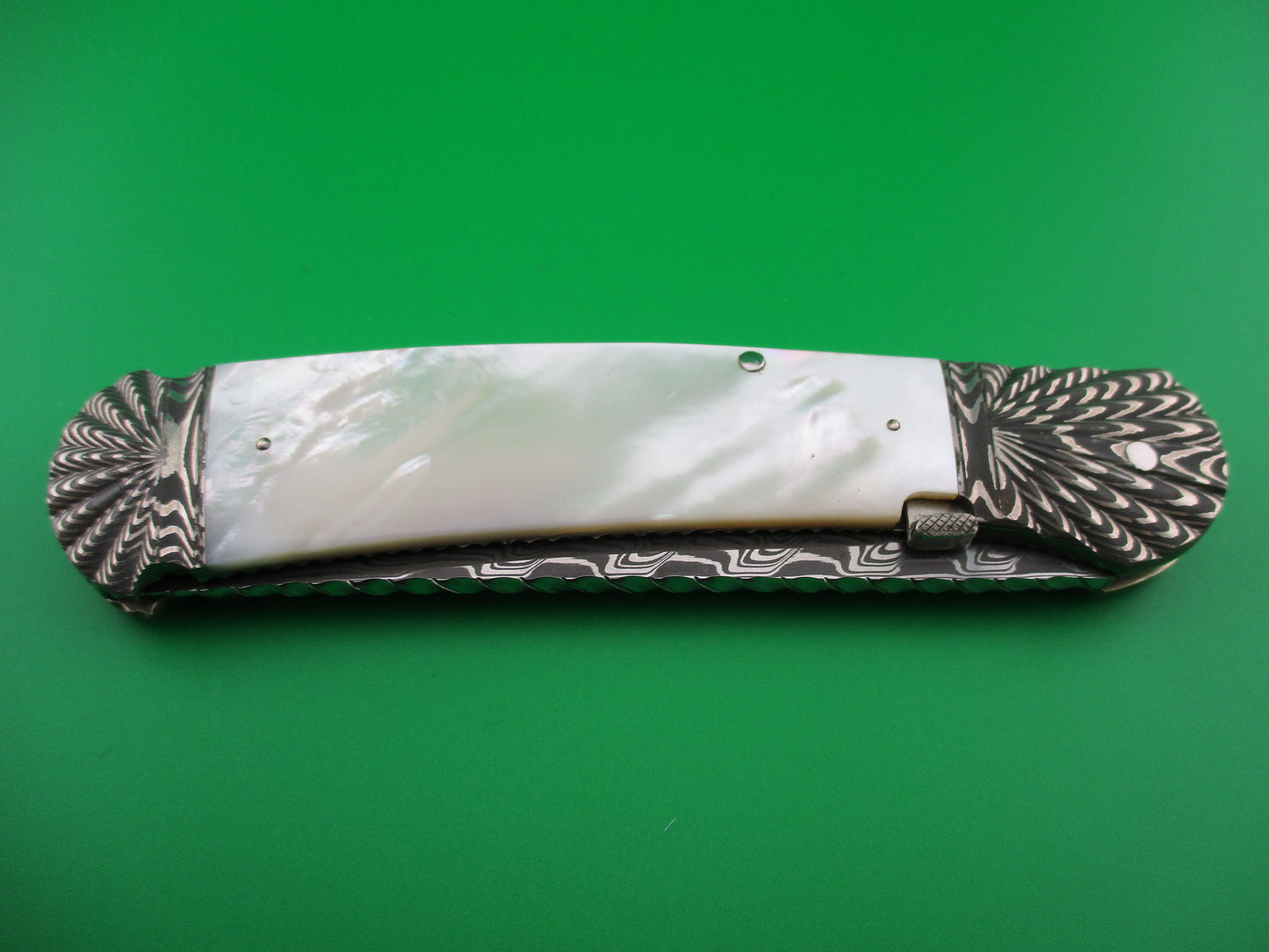 z Ken Steigerwalt Prototype Damascus Mother of Pearl Lefty Automatic Custom knife