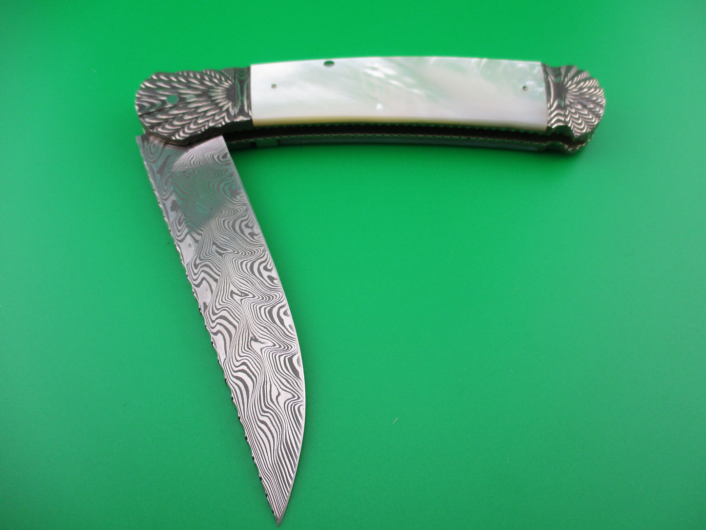z Ken Steigerwalt Prototype Damascus Mother of Pearl Lefty Automatic Custom knife
