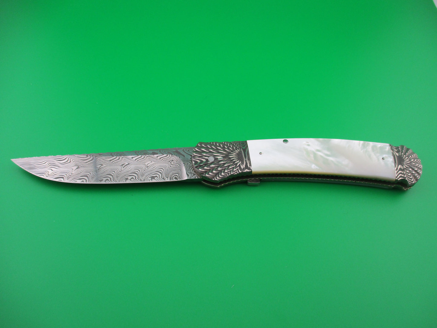 z Ken Steigerwalt Prototype Damascus Mother of Pearl Lefty Automatic Custom knife