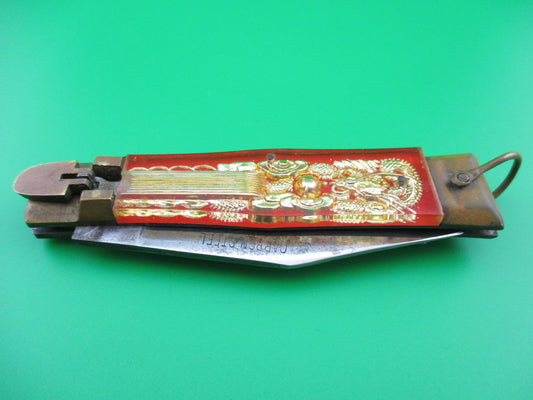 z CARBON STEEL Bullfighter 19cm Red Gold Vintage Mexican Souvenir lever switchblade knife