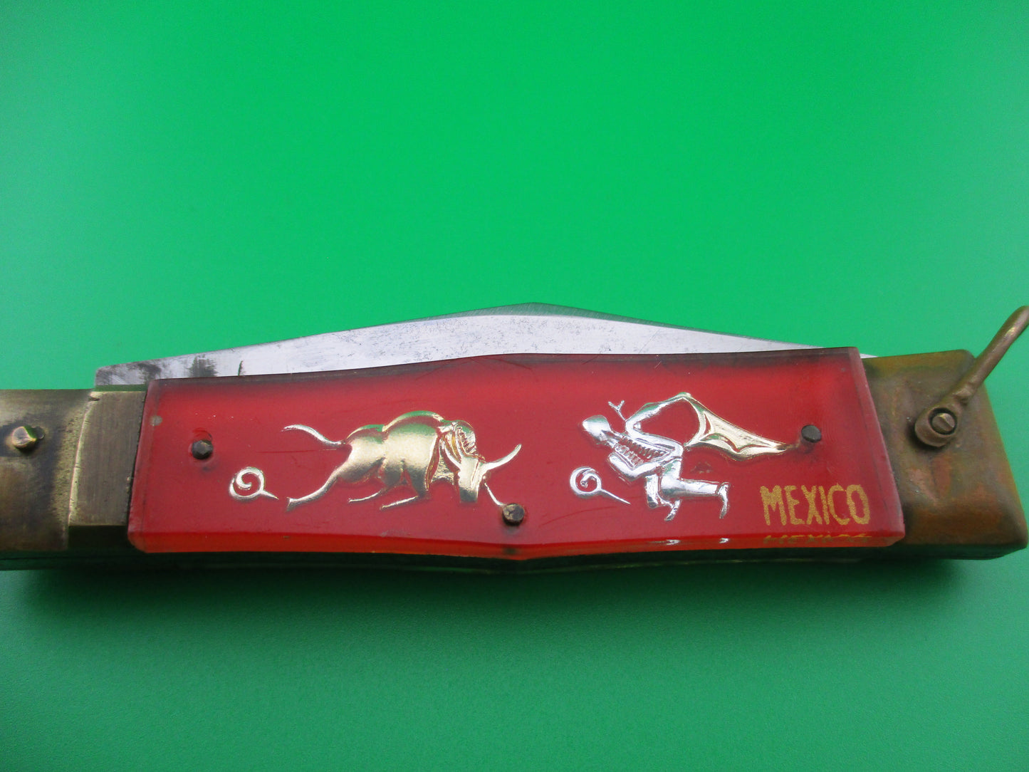 z CARBON STEEL Bullfighter 19cm Red Gold Vintage Mexican Souvenir lever switchblade knife