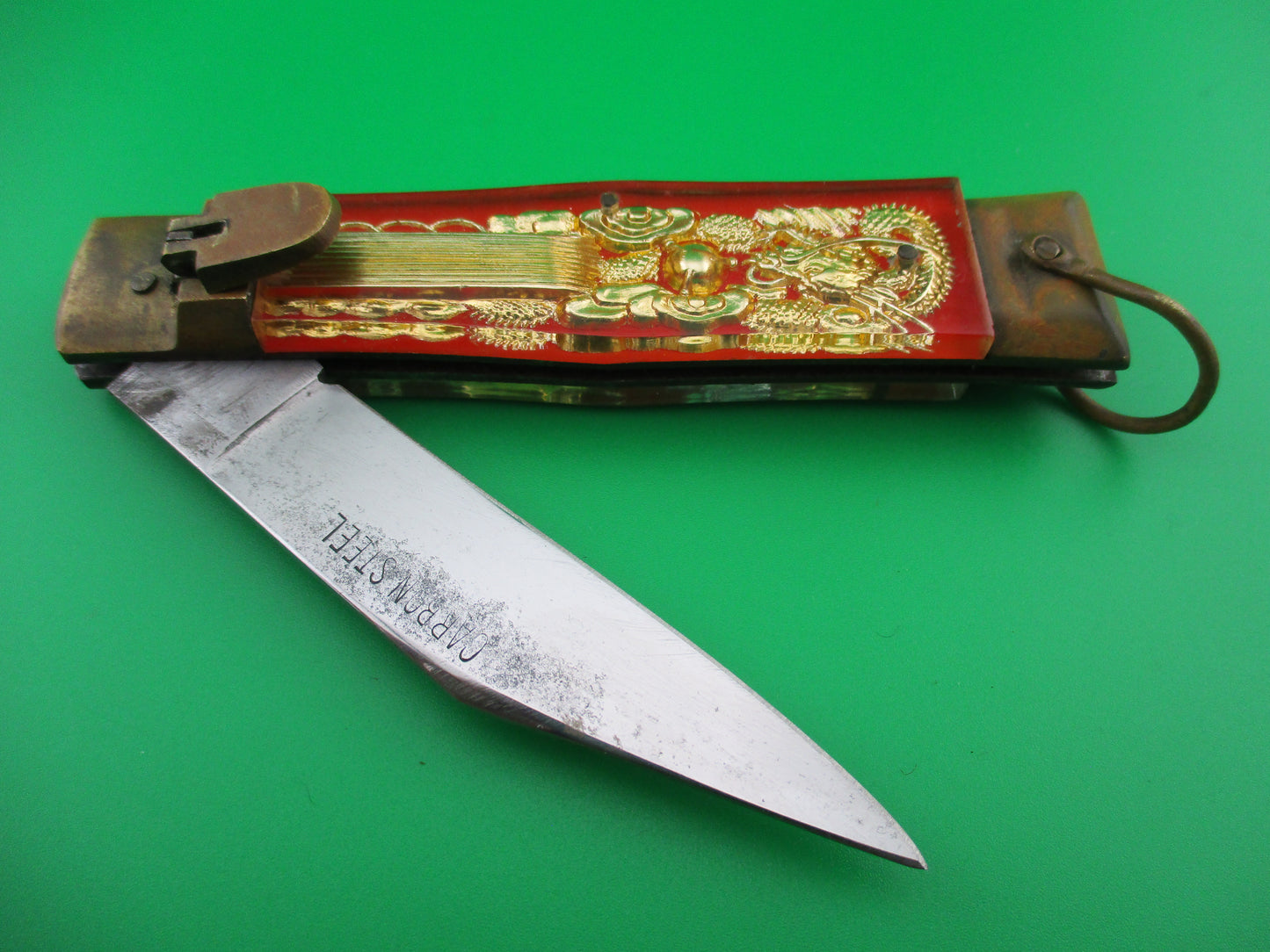 z CARBON STEEL Bullfighter 19cm Red Gold Vintage Mexican Souvenir lever switchblade knife