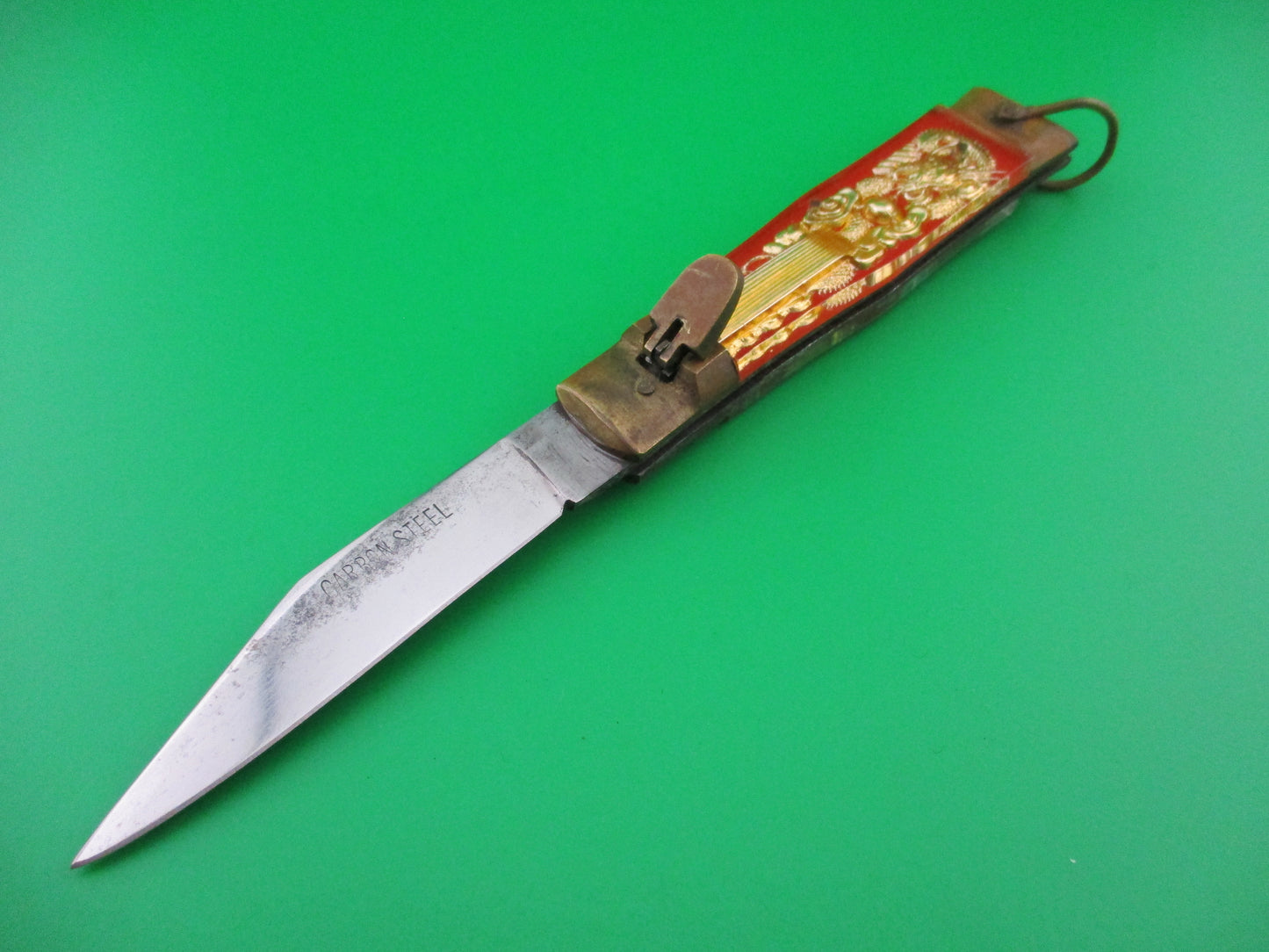 z CARBON STEEL Bullfighter 19cm Red Gold Vintage Mexican Souvenir lever switchblade knife