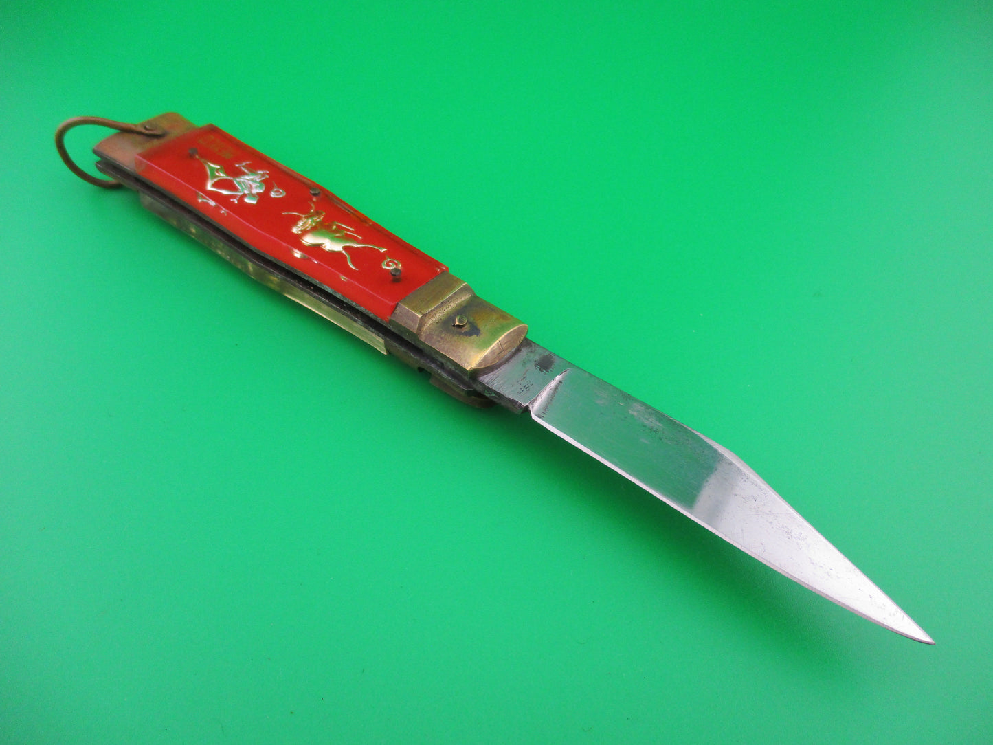 z CARBON STEEL Bullfighter 19cm Red Gold Vintage Mexican Souvenir lever switchblade knife
