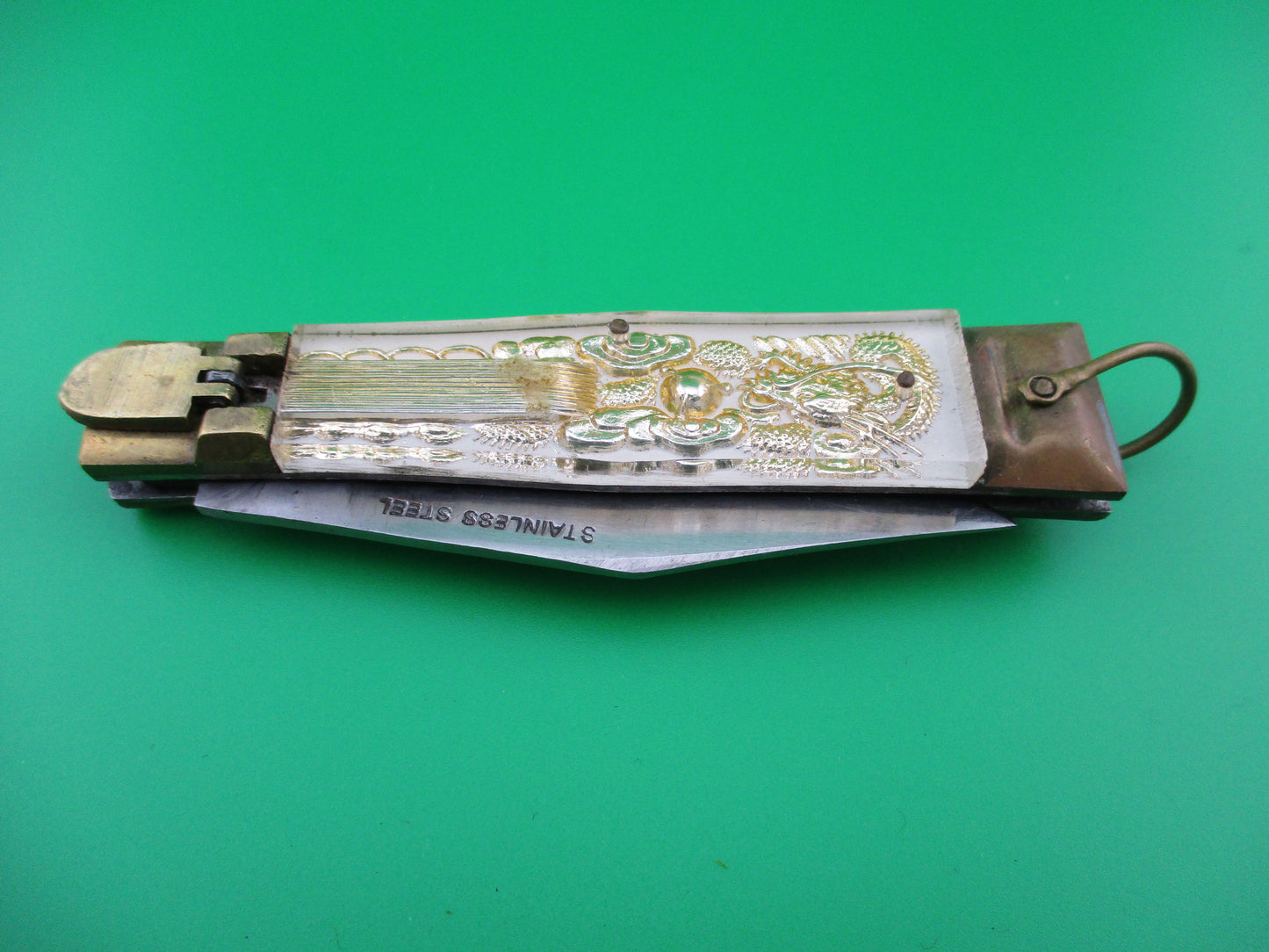 z STAINLESS STEEL Bullfighter Dragon White 19cm Vintage Mexican Souvenir switchblade