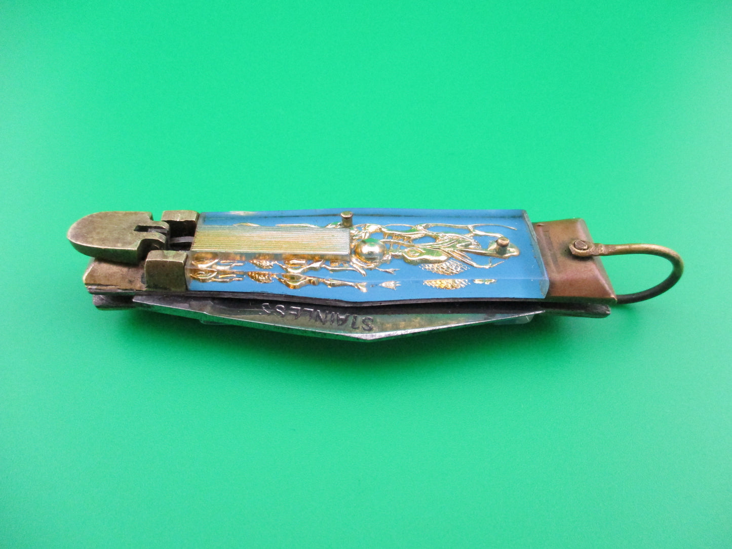 z STAINLESS Bullfighter 14cm Light Blue Stainless Gold Dragon Mexican Souvenir Lever switchblade