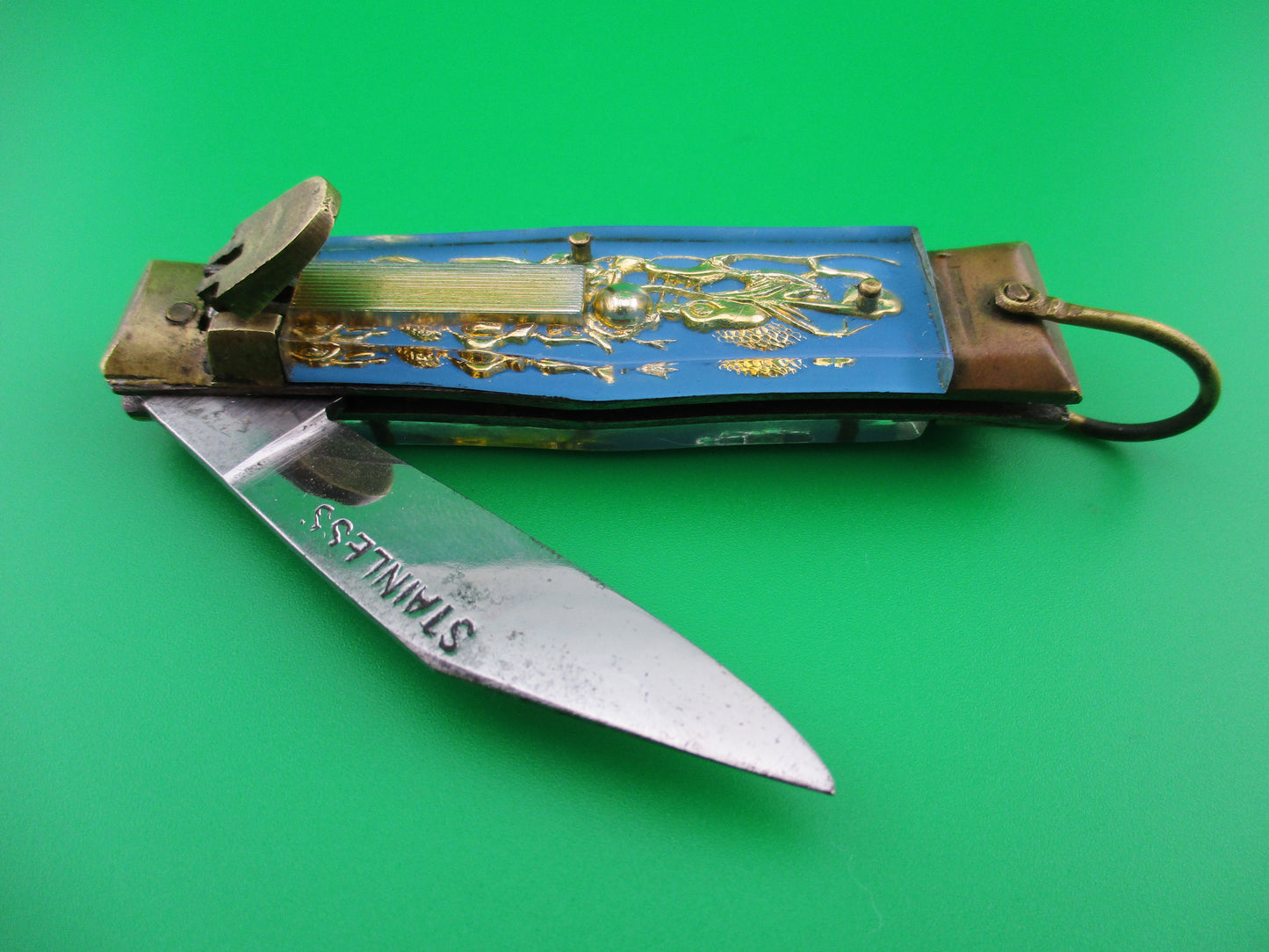 z STAINLESS Bullfighter 14cm Light Blue Stainless Gold Dragon Mexican Souvenir Lever switchblade