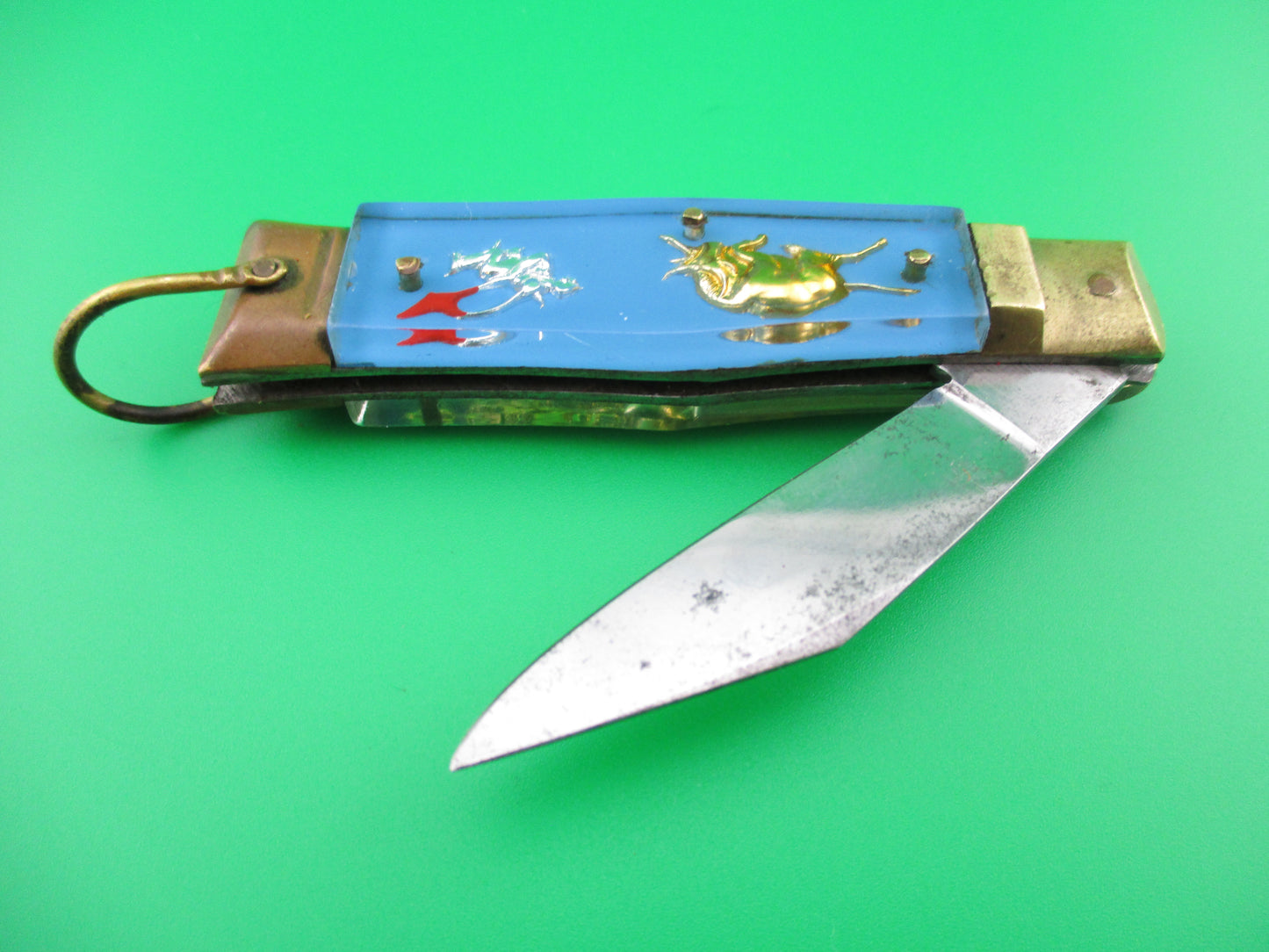 z STAINLESS Bullfighter 14cm Light Blue Stainless Gold Dragon Mexican Souvenir Lever switchblade