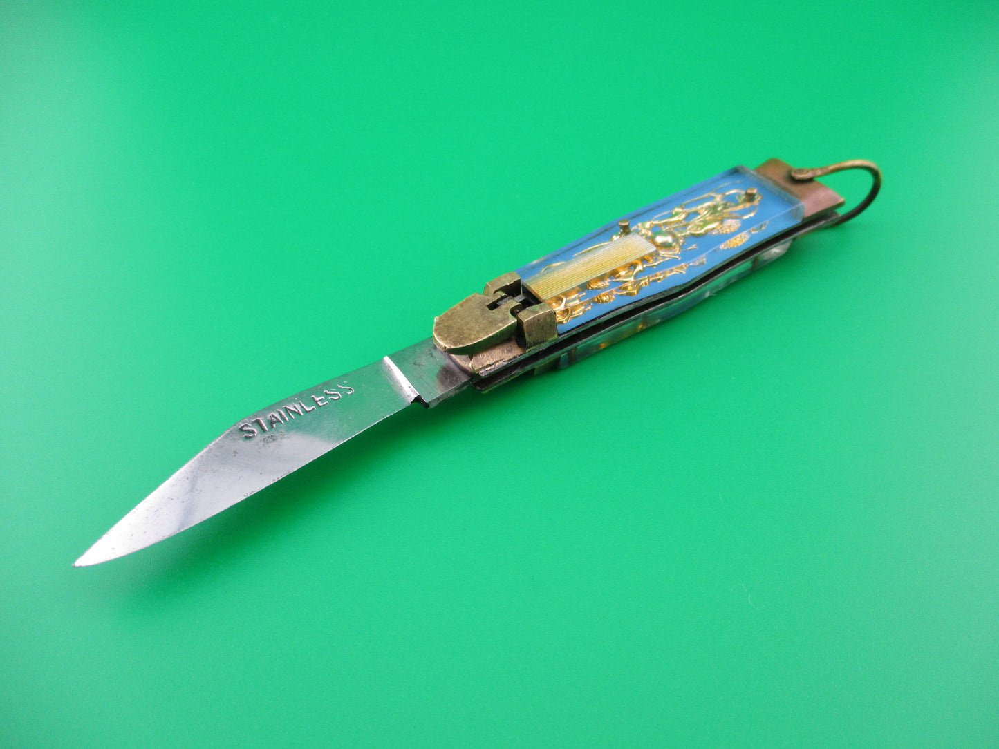 z STAINLESS Bullfighter 14cm Light Blue Stainless Gold Dragon Mexican Souvenir Lever switchblade